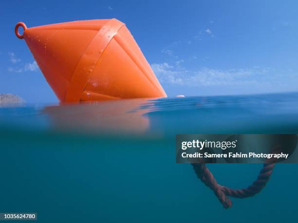 swim area buoy floating on water under a blue sky - ブイ ストックフォトと画像