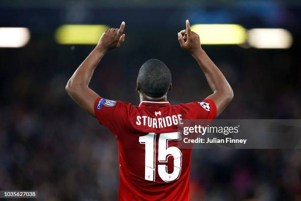 Daniel Sturridge of Liverpool celebrates as he scores his team's first goal during the Group C match of the UEFA Champions League between Liverpool...