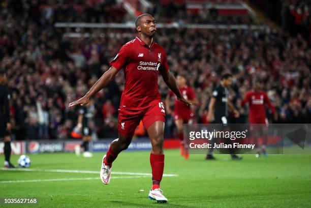 Daniel Sturridge of Liverpool celebrates as he scores his team's first goal during the Group C match of the UEFA Champions League between Liverpool...