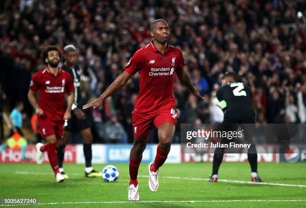 Daniel Sturridge of Liverpool celebrates as he scores his team's first goal during the Group C match of the UEFA Champions League between Liverpool...