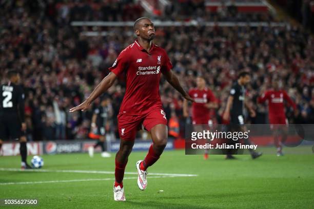 Daniel Sturridge of Liverpool celebrates as he scores his team's first goal during the Group C match of the UEFA Champions League between Liverpool...