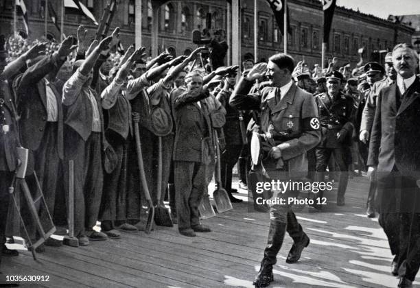 Adolf Hitler 1889-1945. German politician with Hjalmar Schacht Currency Commissioner and President of the Reichsbank under the Weimar Republic.