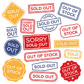 Sold out stamps. Out of stock rubber stamp, red rectangular shopping label and sales badge tag vector set