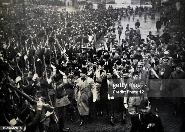 Mussolini with Bianchi, Balbo, Ricci and Starace at a fascist rally in Rome 1928.