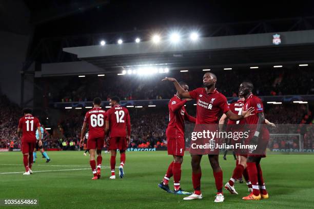 Daniel Sturridge of Liverpool celebrates after scoring his team's first goal during the Group C match of the UEFA Champions League between Liverpool...