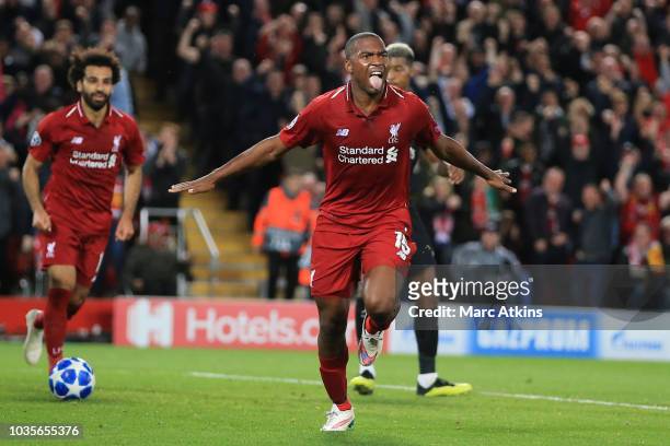 Daniel Sturridge of Liverpool celebrates scoring their 1at goal during the Group C match of the UEFA Champions League between Liverpool and Paris...