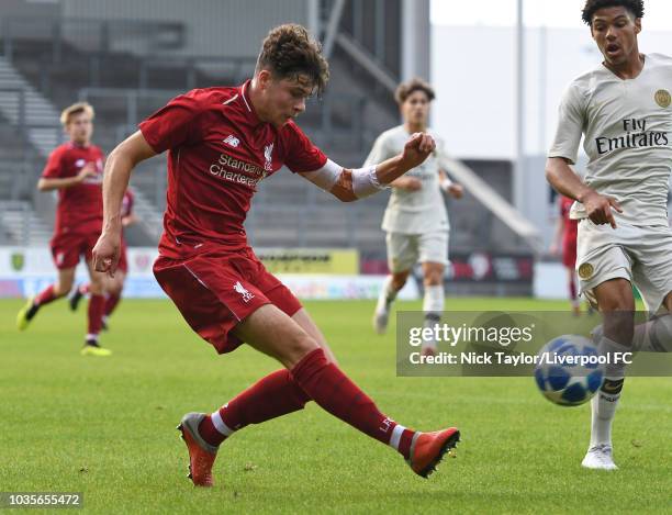 Neco Williams of Liverpool in action during the UEFA Youth League game at Langtree Park on September 18, 2018 in St Helens, England.