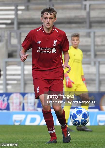 Tom Clayton of Liverpool in action during the UEFA Youth League game at Langtree Park on September 18, 2018 in St Helens, England.