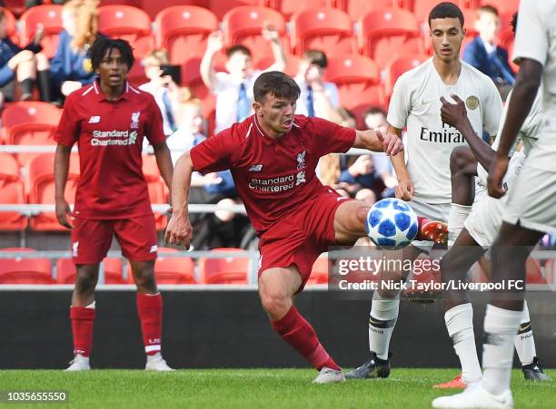 Bobby Duncan of Liverpool in action during the UEFA Youth League game at Langtree Park on September 18, 2018 in St Helens, England.