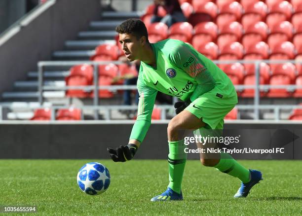 Pierre Onvry of Paris Saint-Germain in action during the UEFA Youth League game at Langtree Park on September 18, 2018 in St Helens, England.