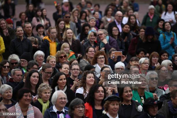 People attend the Womens Suffrage Sunrise Celebration at Aotea Square on September 19, 2018 in Auckland, New Zealand. This year marks the 125th...