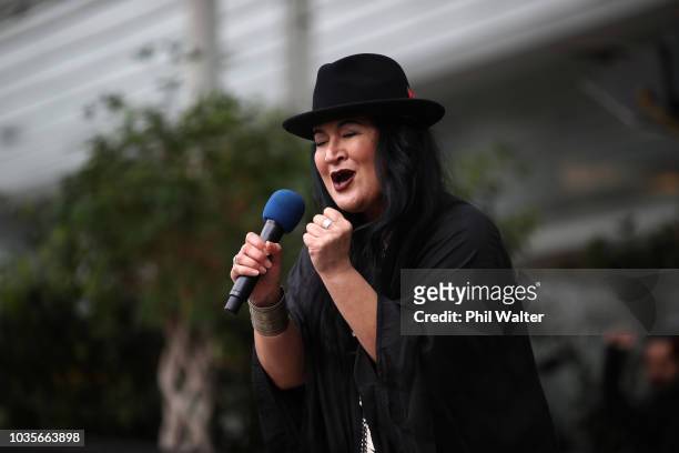 Annie Crummer performs at the Womens Suffrage Sunrise Celebration at Aotea Square on September 19, 2018 in Auckland, New Zealand. This year marks the...