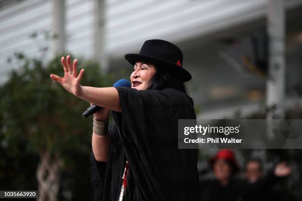 Annie Crummer performs at the Womens Suffrage Sunrise Celebration at Aotea Square on September 19, 2018 in Auckland, New Zealand. This year marks the...