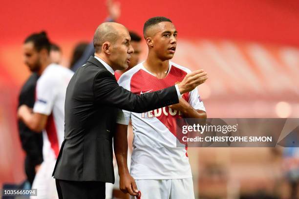 Monaco's Portuguese coach Leonardo Jardim speaks with Monaco's Belgian midfielder Youri Tielemans during the UEFA Champions League first round...