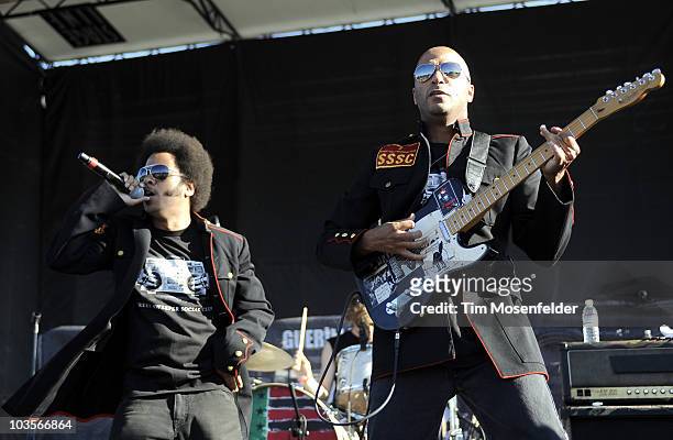 Boots Riley and Tom Morello of Street Sweeper Social Club perform as part of Rock the Bells 2010 at Shoreline Amphitheatre on August 22, 2010 in...