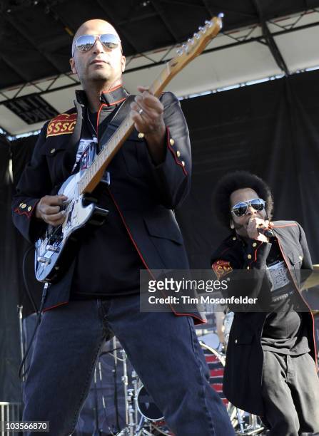 Tom Morello and Boots Riley of Street Sweeper Social Club perform as part of Rock the Bells 2010 at Shoreline Amphitheatre on August 22, 2010 in...