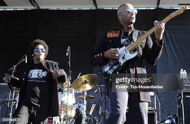 Boots Riley and Tom Morello of Street Sweeper Social Club perform as part of Rock the Bells 2010 at Shoreline Amphitheatre on August 22, 2010 in...