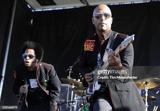 Boots Riley and Tom Morello of Street Sweeper Social Club perform as part of Rock the Bells 2010 at Shoreline Amphitheatre on August 22, 2010 in...