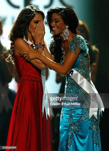Miss Mexico 2010, Jimena Navarrete , and Miss Jamaica 2010, Yendi Phillipps, react as Navarette is named the 2010 Miss Universe and Phillipps the...