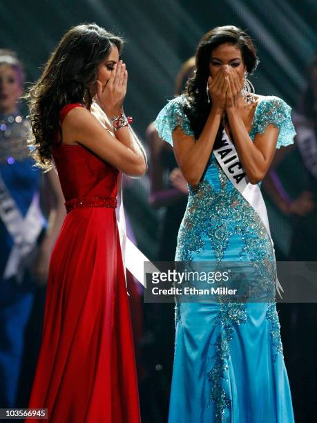 Miss Mexico 2010, Jimena Navarrete , and Miss Jamaica 2010, Yendi Phillipps, react as Navarette is named the 2010 Miss Universe and Phillipps the...