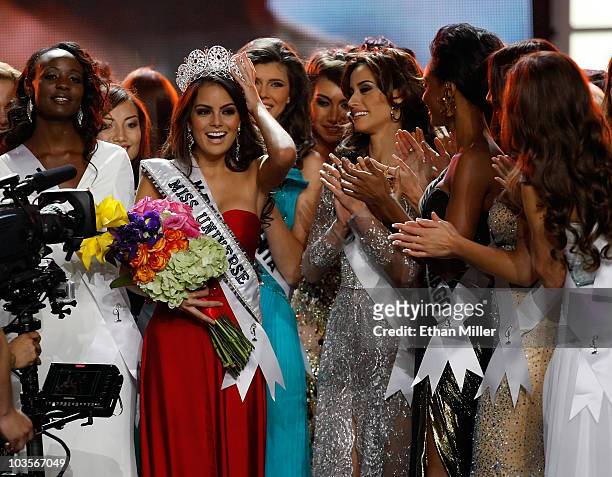 Miss Mexico 2010, Jimena Navarrete , reacts with other contestants after being named the 2010 Miss Universe during the 2010 Miss Universe Pageant at...