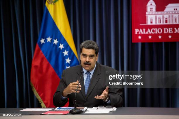 Nicolas Maduro, Venezuela's president, speaks during a press conference at the presidential palace in Caracas, Venezuela, on Tuesday, Sept. 18, 2018....