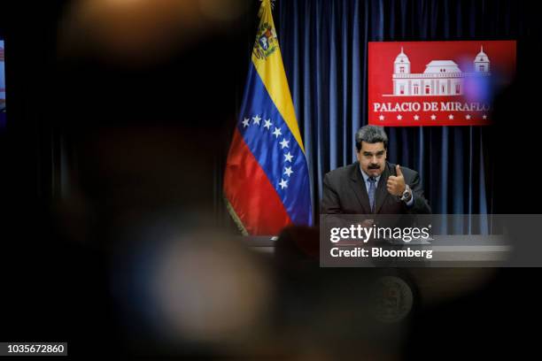 Nicolas Maduro, Venezuela's president, speaks during a press conference at the presidential palace in Caracas, Venezuela, on Tuesday, Sept. 18, 2018....