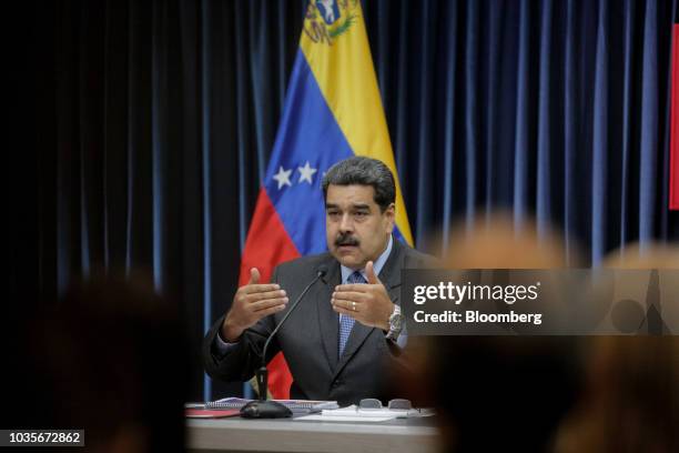 Nicolas Maduro, Venezuela's president, speaks during a press conference at the presidential palace in Caracas, Venezuela, on Tuesday, Sept. 18, 2018....