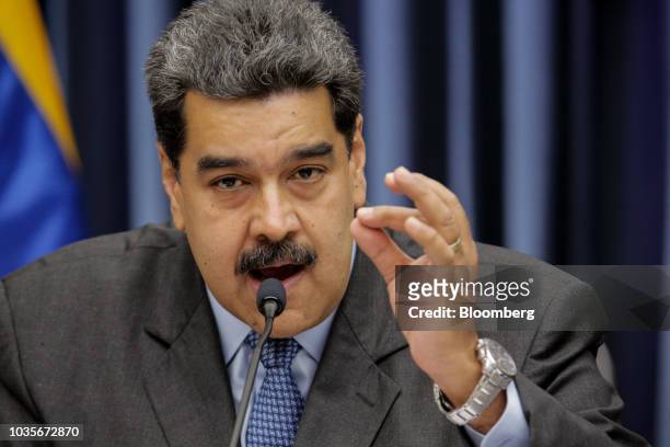 Nicolas Maduro, Venezuela's president, speaks during a press conference at the presidential palace in Caracas, Venezuela, on Tuesday, Sept. 18, 2018....