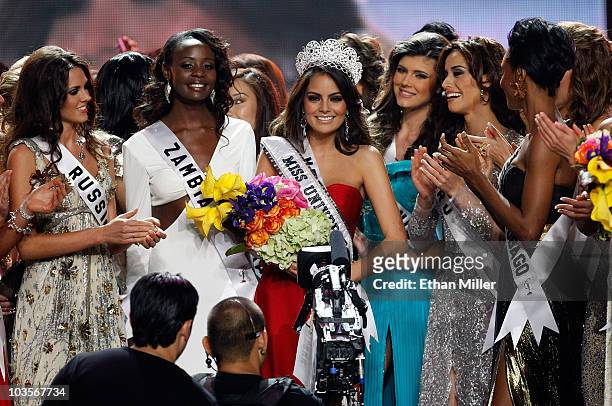 Miss Mexico 2010, Jimena Navarrete , reacts with other contestants after being named the 2010 Miss Universe during the 2010 Miss Universe Pageant at...