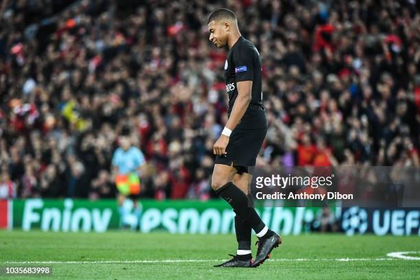 Kylian Mbappe of PSG looks dejected during the Champions League match between Liverpool and Paris Saint Germain at Anfield on September 18, 2018 in...