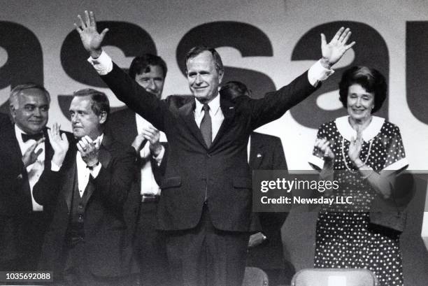 Vice President George H. W. Bush speaks at a Republican gathering at Hofstra University in Hempstead, New York on May 14, 1987.