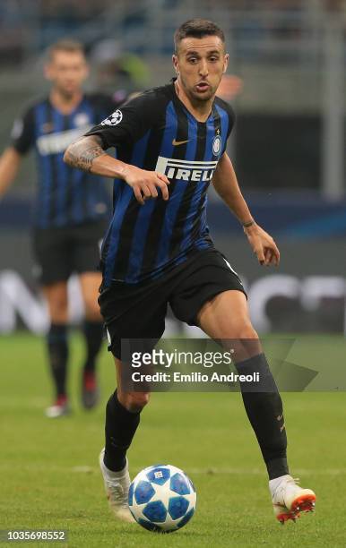 Matias Vecino of FC Internazionale in action during the Group B match of the UEFA Champions League between FC Internazionale and Tottenham Hotspur at...