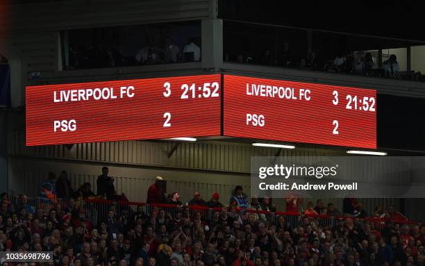 Scoreboard at the end of the Group C match of the UEFA Champions League between Liverpool and Paris Saint-Germain at Anfield on September 18, 2018 in...