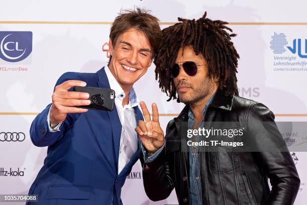 Matze Knop and Lenny Kravitz attend the Deutscher Radiopreis at Schuppen 52 on September 6, 2018 in Hamburg, Germany.