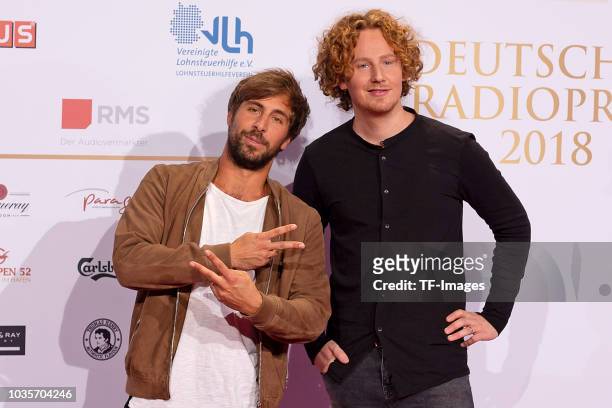 Max Giesinger and Michael Schulte attend the Deutscher Radiopreis at Schuppen 52 on September 6, 2018 in Hamburg, Germany.