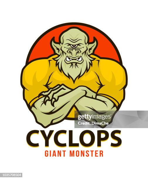 ilustrações, clipart, desenhos animados e ícones de mascote de personagem cyclops monstro gigante com braços cruzados - só um olho