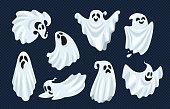 Ghost character. Halloween scary ghostly monster, dead boo spook and spooky fly anima isolated cartoon vector set