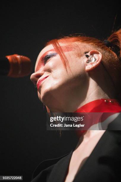 Singer Shirley Manson of Garbage performs live on stage during a concert at the Huxleys Neue Welt on September 18, 2018 in Berlin, Germany.