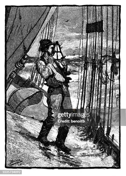 sailor using a sextant - rough seas stock illustrations