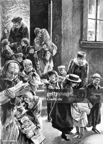 homecoming of the poor from the christmas charity presentation - poor family stock illustrations