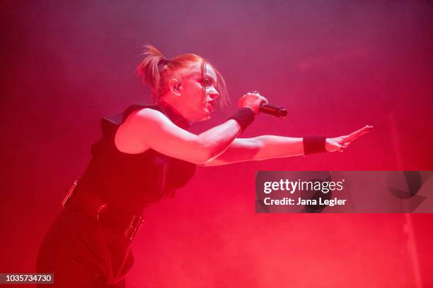 Singer Shirley Manson of Garbage performs live on stage during a concert at the Huxleys Neue Welt on September 18, 2018 in Berlin, Germany.