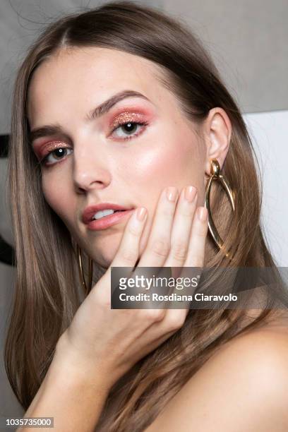 Model is seen backstage ahead of the Luisa Spagnoli show during Milan Fashion Week Spring/Summer 2019 on September 18, 2018 in Milan, Italy.