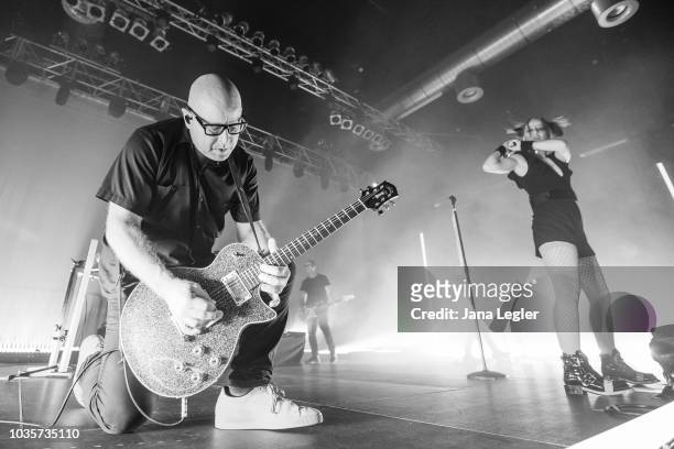 Guitarist Steve Marker and singer Shirley Manson of Garbage perform live on stage during a concert at the Huxleys Neue Welt on September 18, 2018 in...