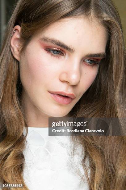 Model, Sophie Rask, make up detail, is seen backstage ahead of the Luisa Spagnoli show during Milan Fashion Week Spring/Summer 2019 on September 18,...