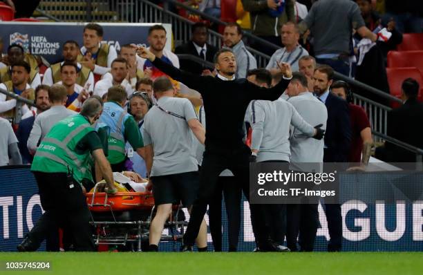 Luke Shaw of England is injured during the UEFA Nations League A group four match between England and Spain at Wembley Stadium on September 8, 2018...