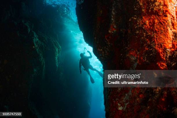 水中スキューバ ダイビングを楽しむ探索水中洞窟 - 深海ダイビング ストックフォトと画像
