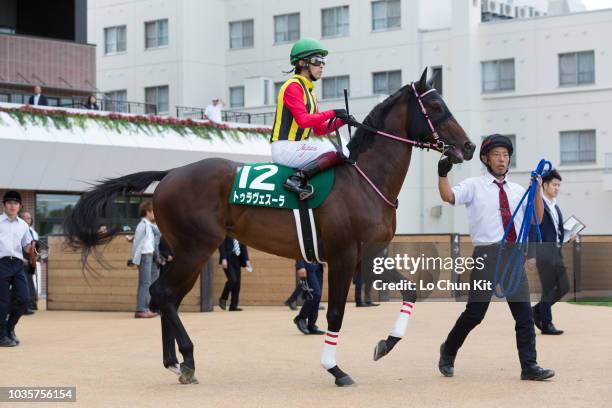 Jockey Yuichi Fukunaga riding Travesura during the Race 11 The Keeneland Cup at Sapporo Racecourse on August 26, 2018 in Sapporo, Hokkaido, Japan.