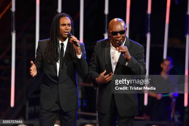 Fab Morvan and and the voice of Milli Vanilli John Davis perform the TV recording of 'Die 80er - Die grosse Musiknacht des rbb' on September 18, 2018...