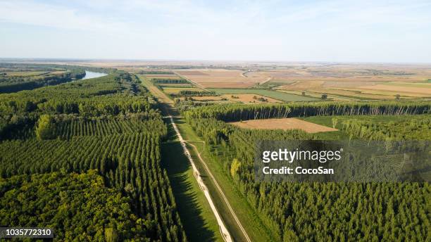 drone photo of beautiful nature in bio-industrial area - agroforestry stock pictures, royalty-free photos & images
